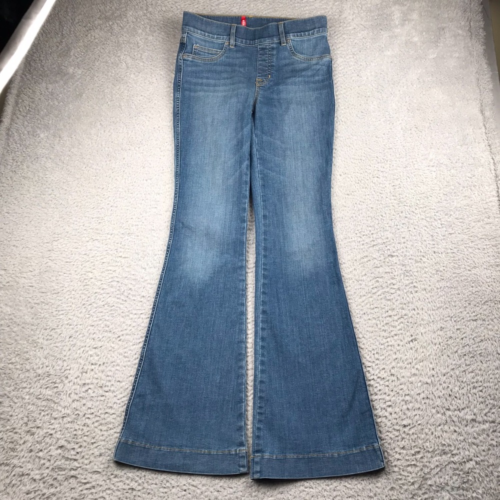 Spanx Jeans Womens S (30x32)Blue Pull On High Rise Flared Wide Leg Stretch Denim